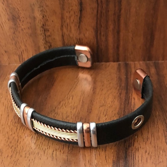 Two Tone Leather Wrapped Pure Copper Magnetic Bracelet Energy Cuff Bangle - Picture 4 of 5